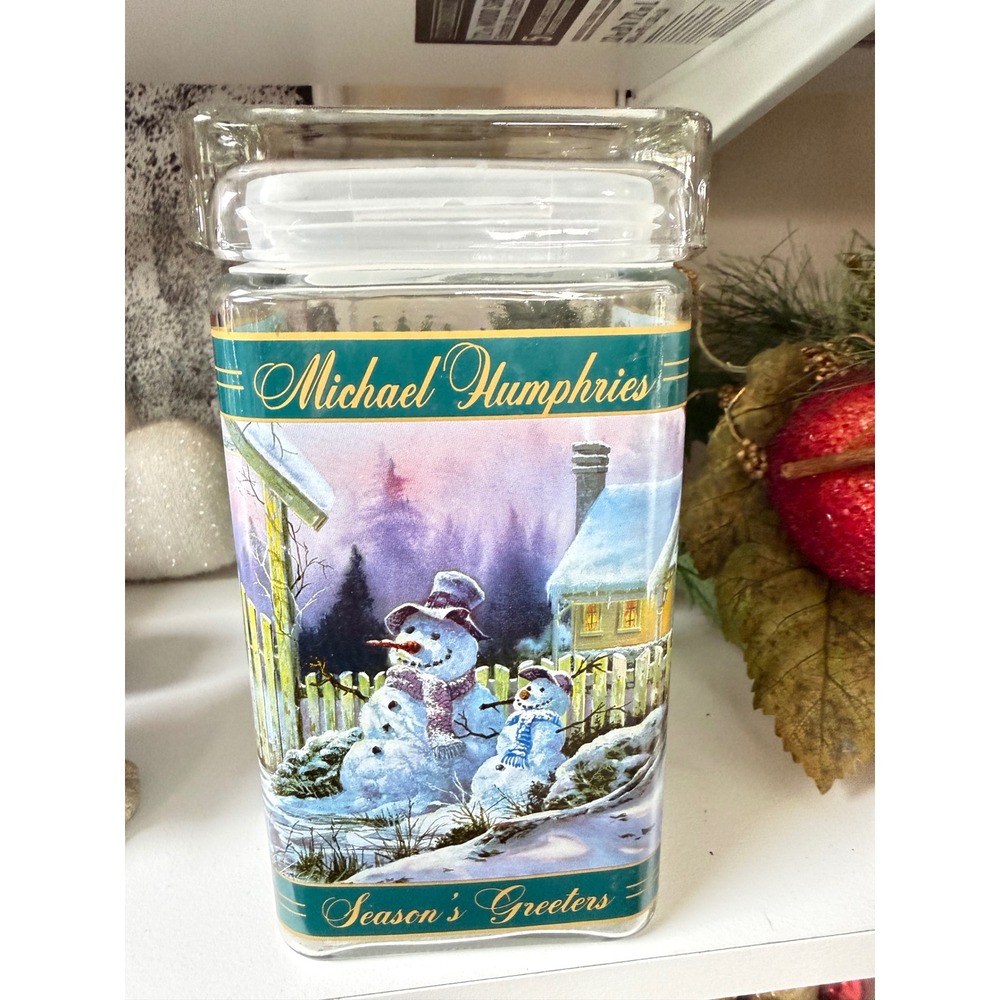 Michael Humphries Seasons Greeters Snowman Glass Canister Holiday Jar with Lid